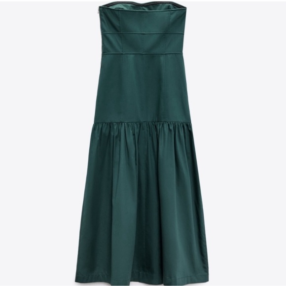 ZARA Dark Green Strapless Bandeau Long Dress with Topstitching Size S - Picture 4 of 5